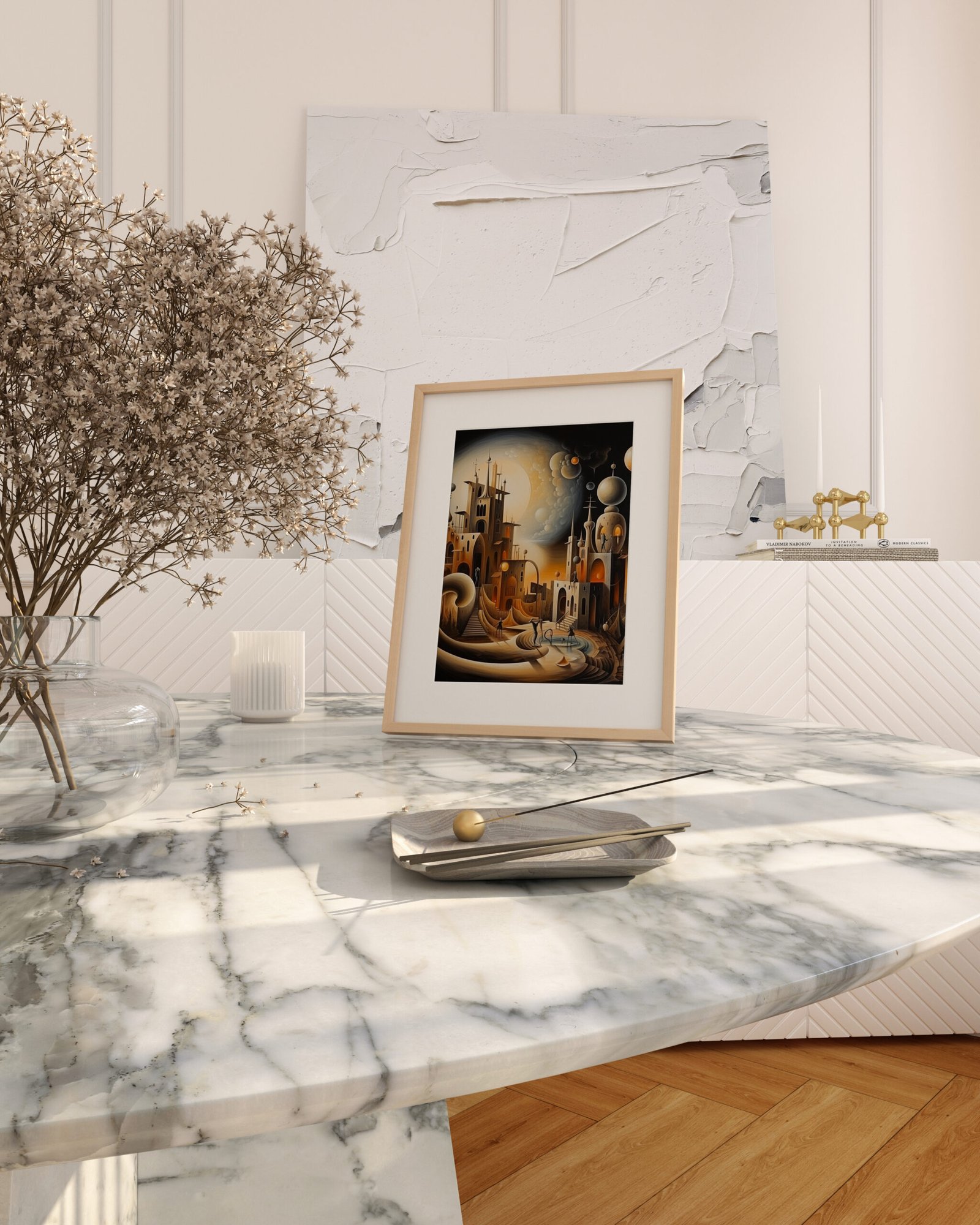White Marble Table 1Pic Framed F1016