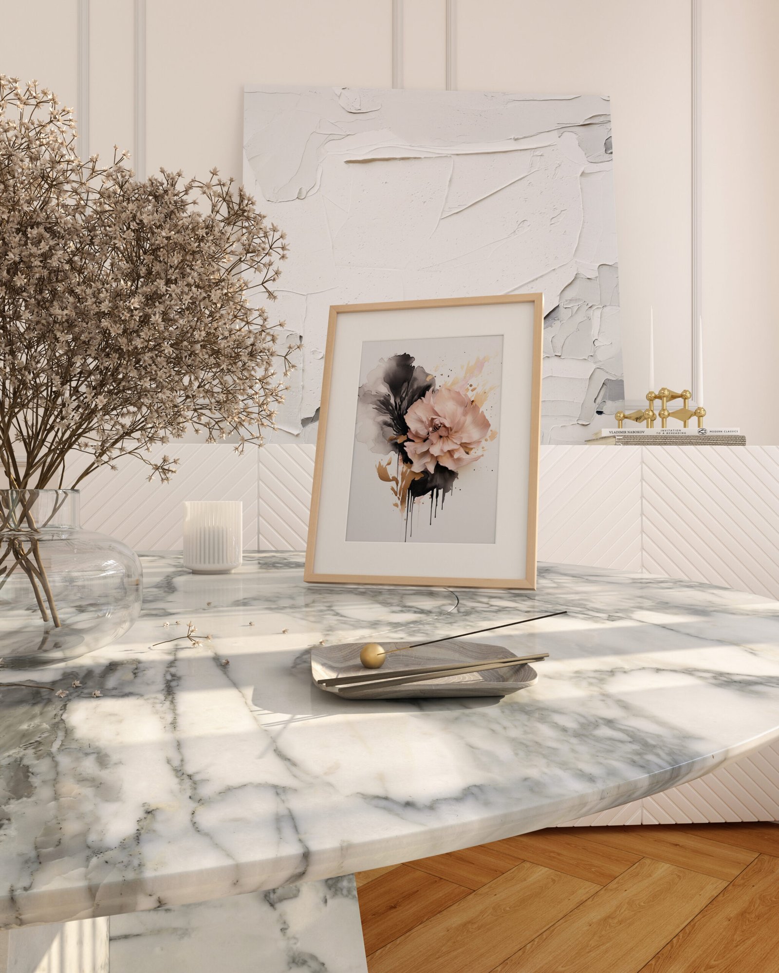 White Marble Table 1Pic Framed FL1008