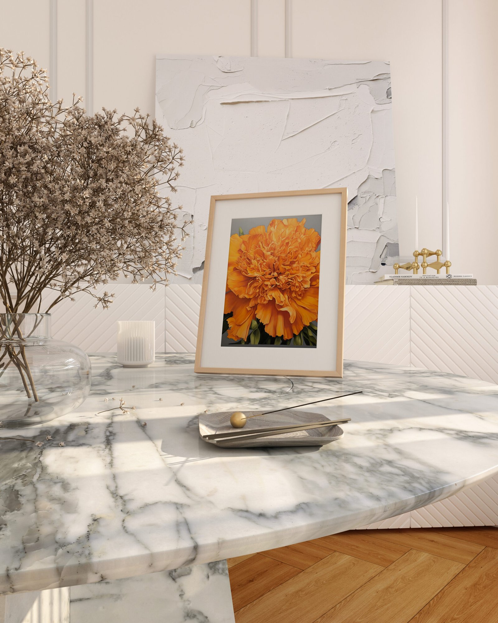 White Marble Table 1Pic Framed FL1032