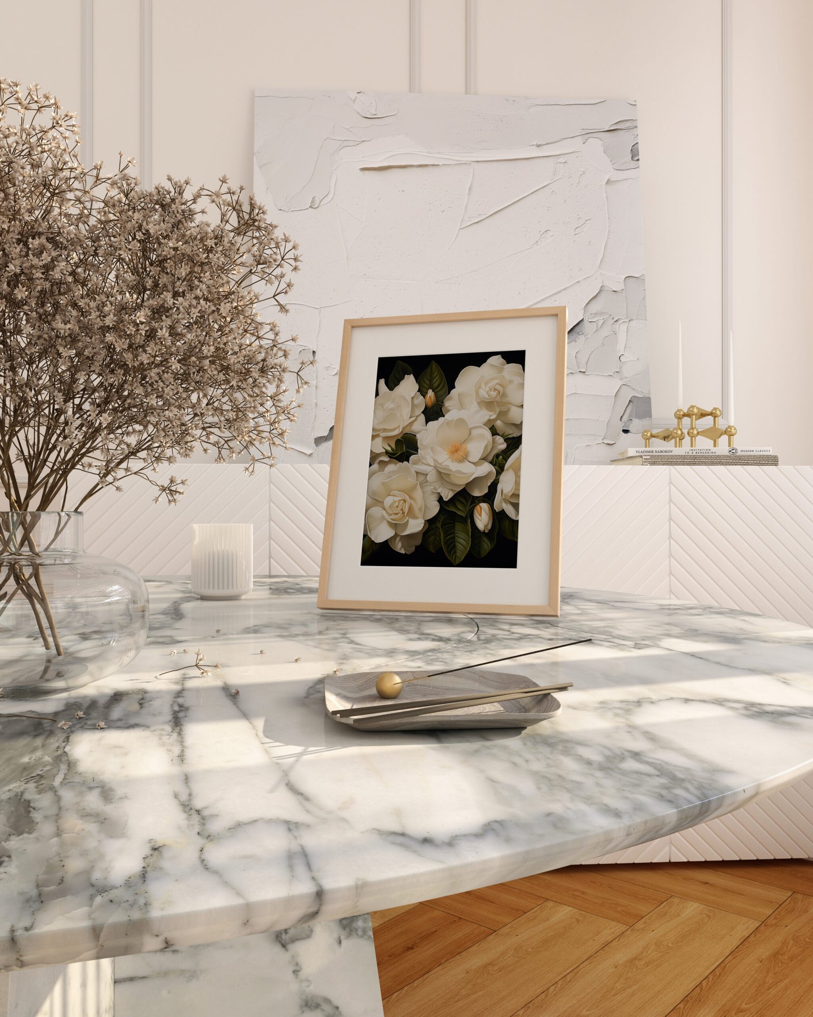White Marble Table 1Pic Framed FL1037