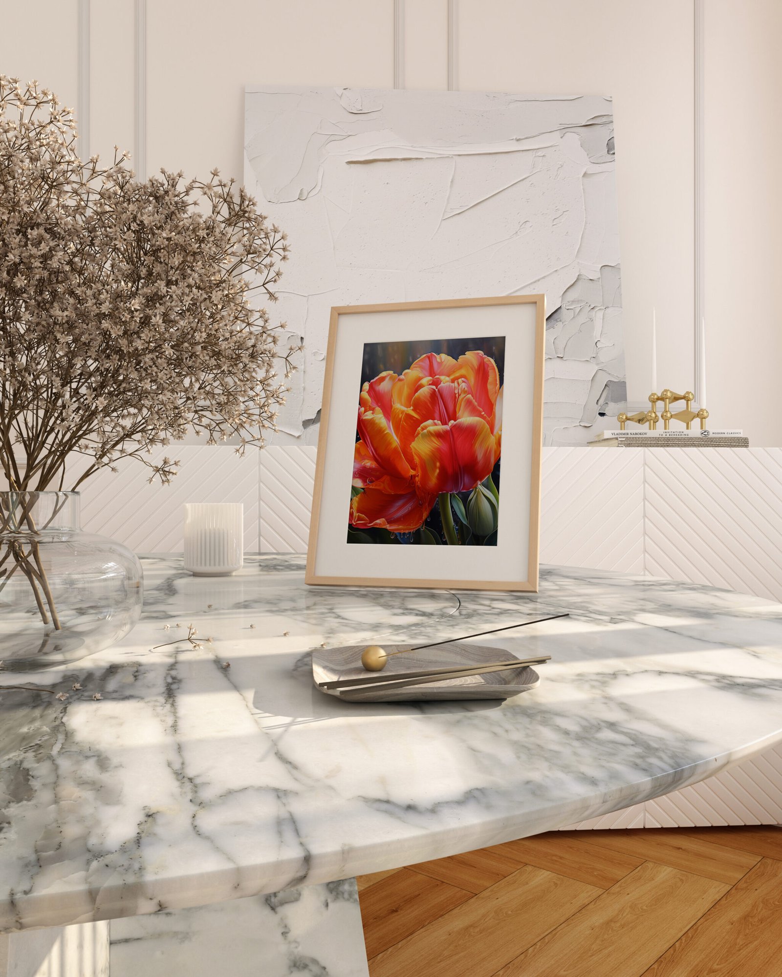 White Marble Table 1Pic Framed FL1062