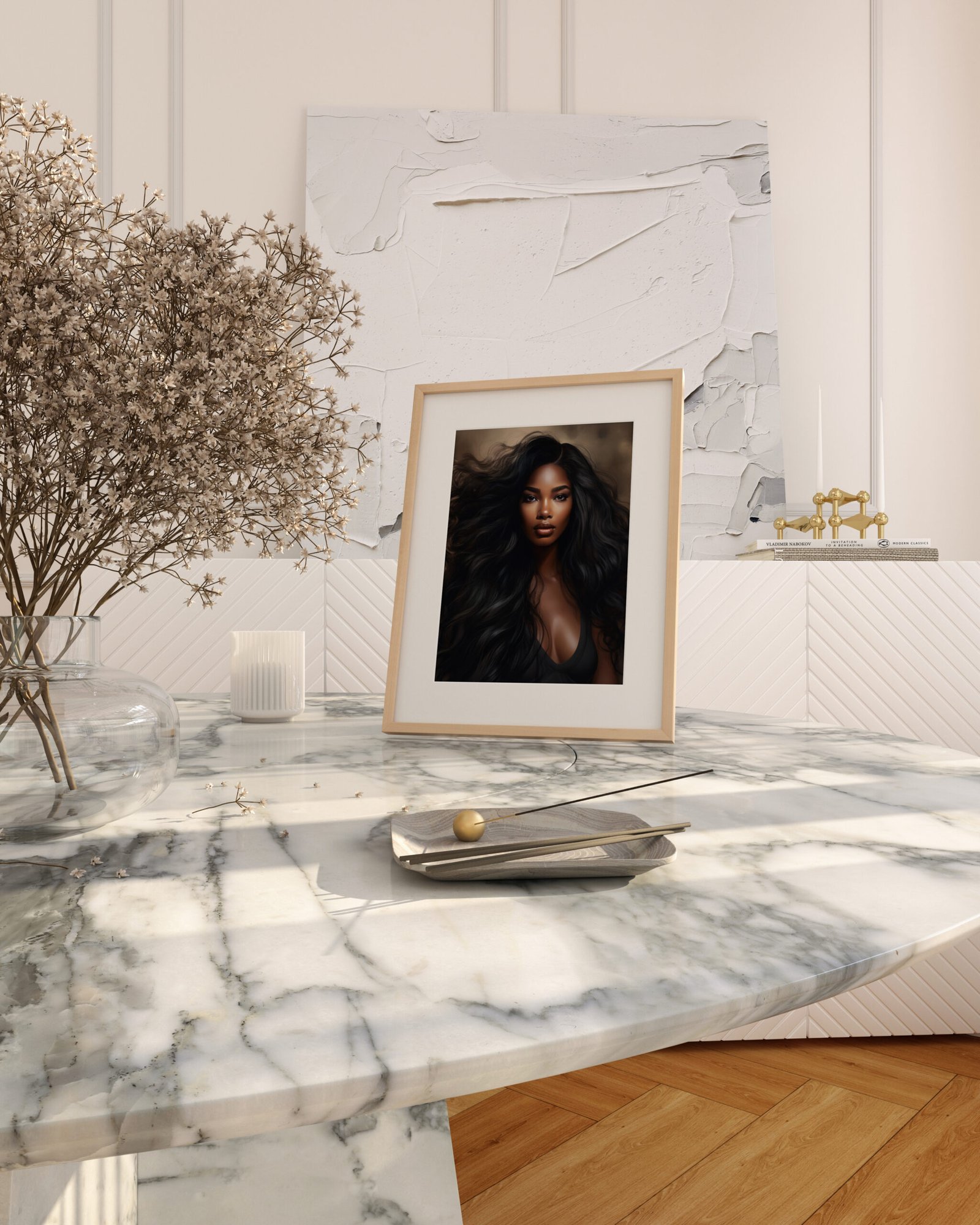 White Marble Table 1Pic Framed W1009